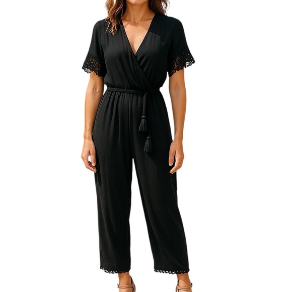 Love Stitch Boho Wrap Crochet Lace Bell Sleeve Jumpsuit Black - Picture 1 of 13